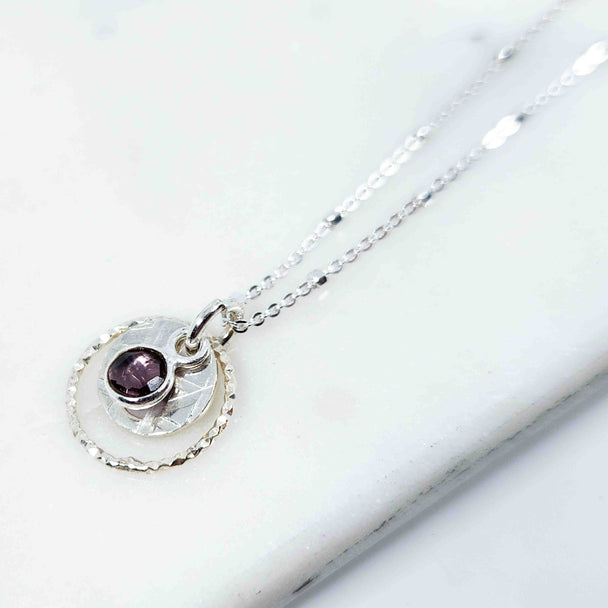 Amethyst Round on Sparkle Halo Layered Disc Necklace