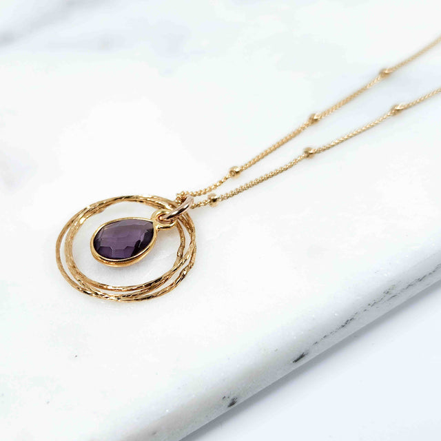 Teardrop Shaped Amethyst Triple Circle Sparkle Necklace