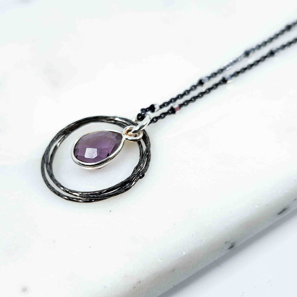 Amethyst Teardrop in Oxidized Triple Circle Sparkle Necklace