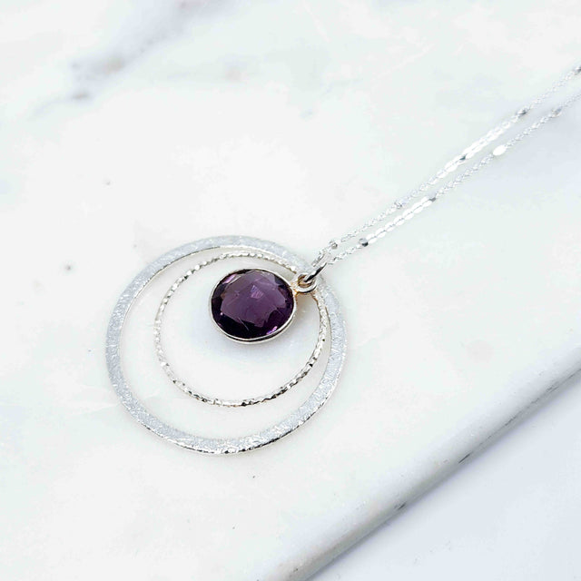 Round Shaped Amethyst and Textured Circle Necklace