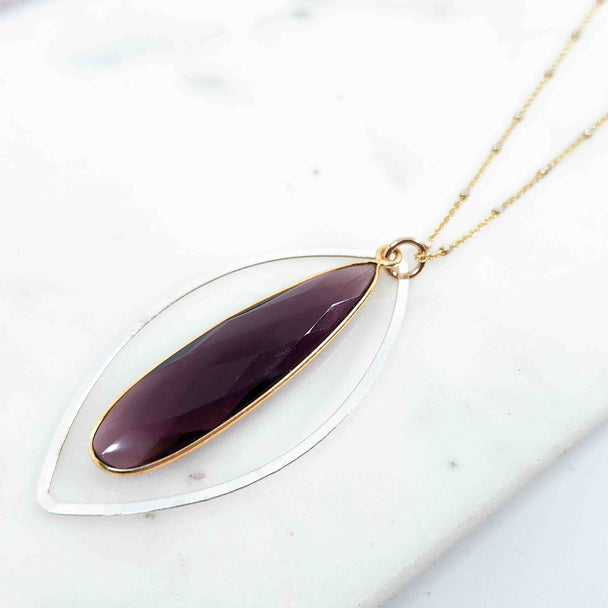 Teardrop Shaped Amethyst with Textured Wire Open Petal Necklace