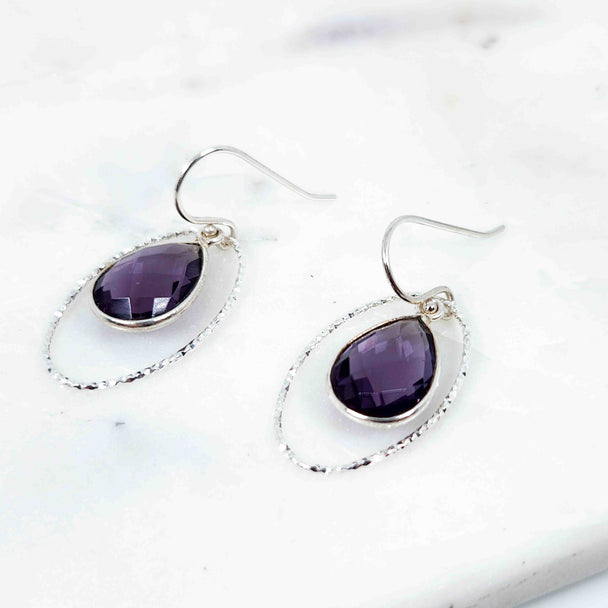 Pear Shaped Amethyst Halo Circle Earrings