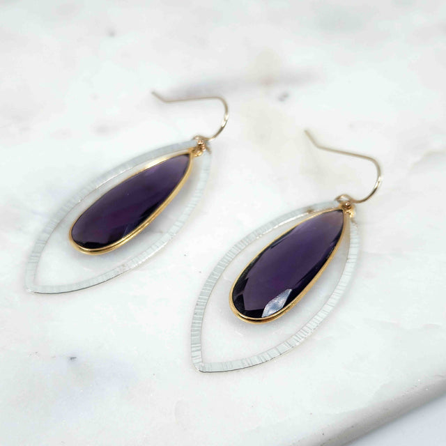 Teardrop Shaped Amethyst Leaf Petal Shape Earrings