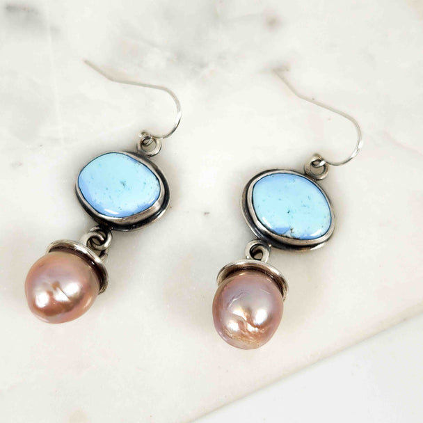 Lavender Turquoise and Baroque Pearl Earrings