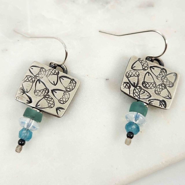 Chased Ancient Roman Glass and Moonstone Earrings