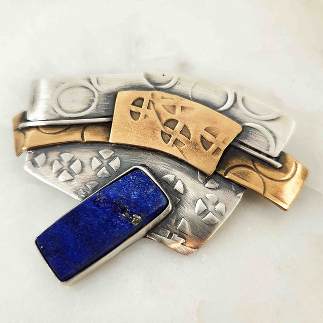 Chased Raw Lapis Lazuli Brooch