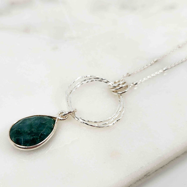 Emerald Pear Drop on Triple Circle Sparkle Necklace