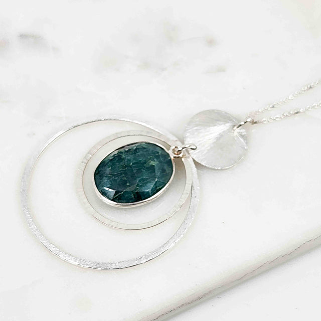 Oval Shaped Emerald Disc Drop with Layered Double Open Circle Sparkle Necklace