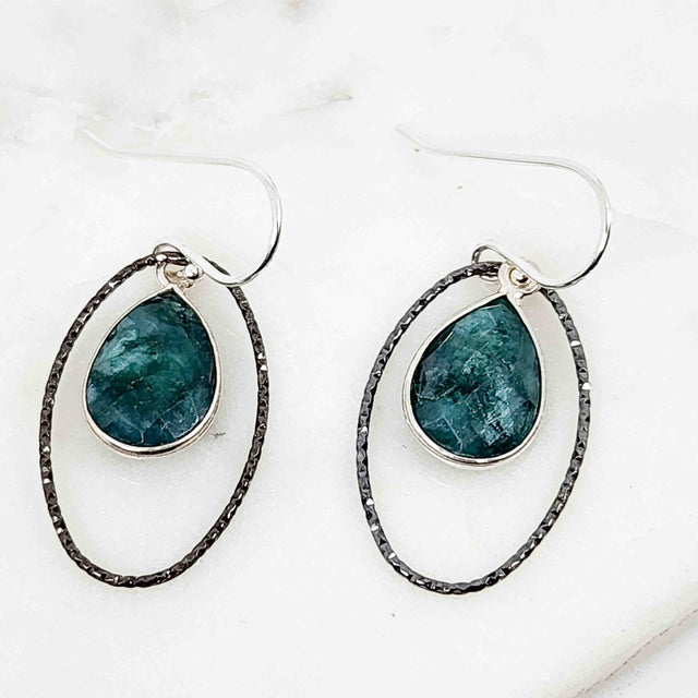 Pear Shaped Emerald Halo Circle Oxidized Earrings
