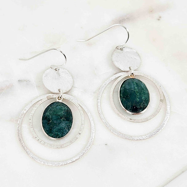 Oval Shaped Emerald Textured Disc with Dangling Double Circles Earrings