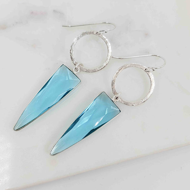 Arrow Shaped Blue Topaz Dangling on Open Circle Earrings