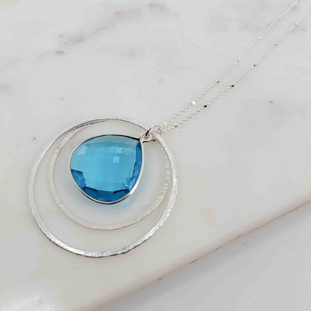 Flat Pear Shaped Blue Topaz Double Layered Textured Necklace