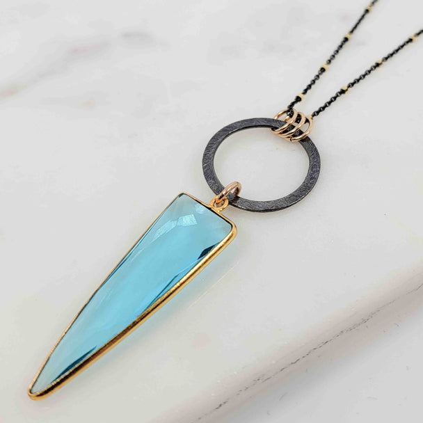 Arrow Shaped Blue Topaz Dangling on Open Circle with Triple Bail Mixed Metal Necklace