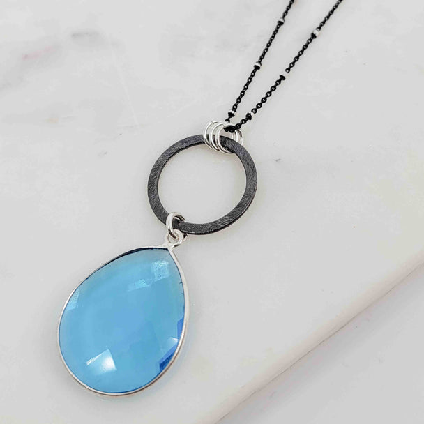 Pear Shaped Blue Topaz Dangling on Open Circle with Triple Bail Necklace
