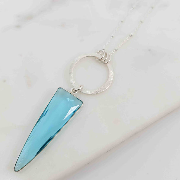 Arrow Shaped Blue Topaz Dangling on Open Circle with Triple Bail Necklace