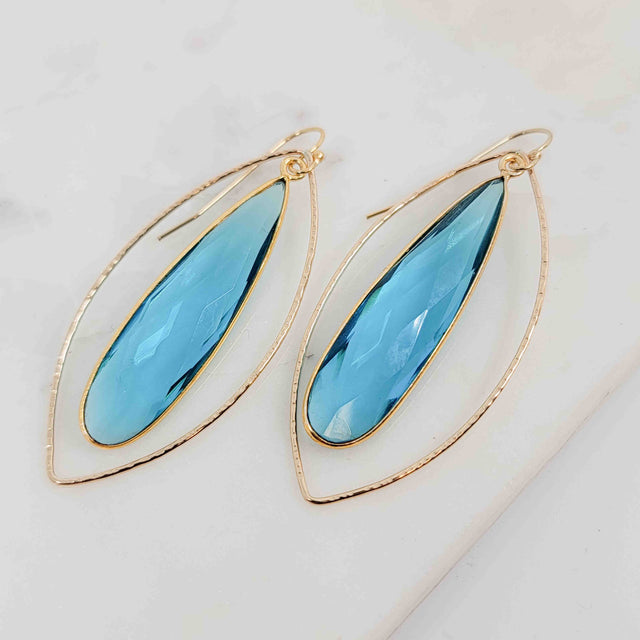 Teardrop Shaped Blue Topaz Open Round-Wire Oval Petal with Textured Metal Surround Dangle Gold Fill Earrings