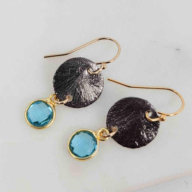 Round Blue Topaz Textured Dangle Disc Mixed Metal Earrings