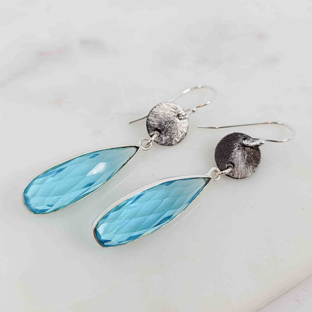 Blue Topaz Tear Drop Oxidized Textured Disc Dangle Earrings