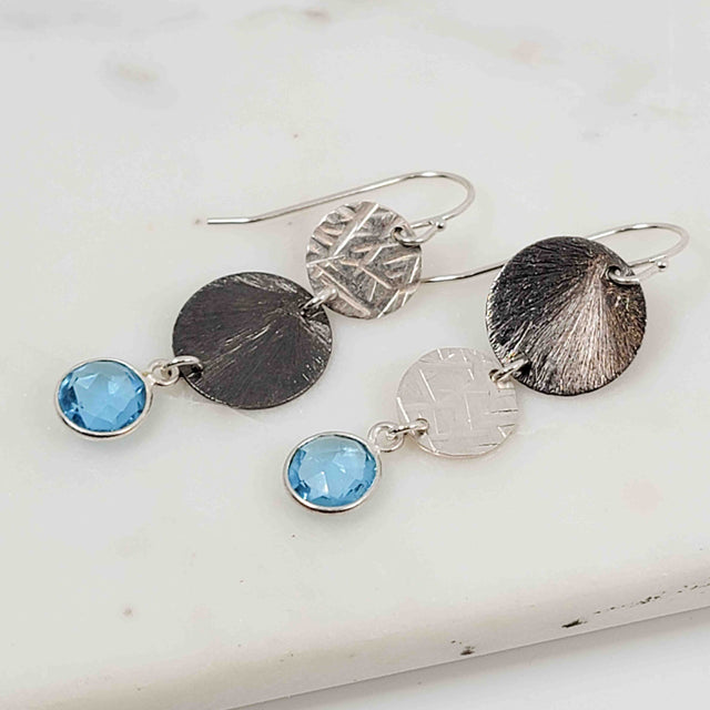 Round Blue Topaz Asymmetrical Double Disc Dangle Oxidized Earrings