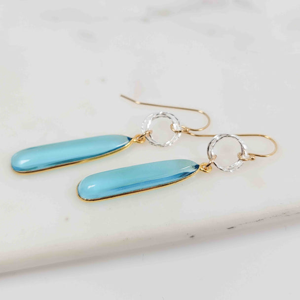 Cabochon Teardrop Shaped Blue Topaz Triple Sparkle Circle Drop Mixed Metal Earrings