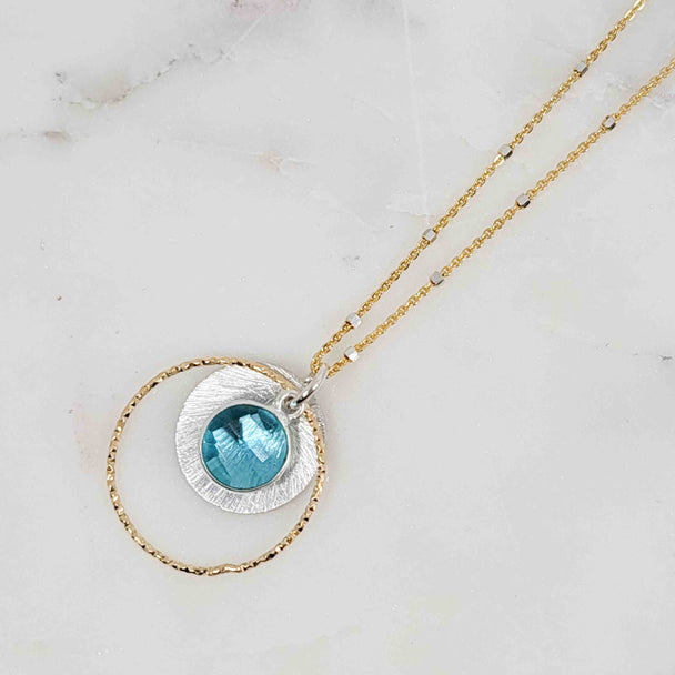Round Shaped Blue Topaz Sparkle Halo Layered Disc Mixed Metal Necklace