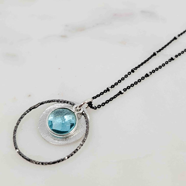 Round Shaped Blue Topaz Sparkle Halo Layered Disc Oxidized Necklace
