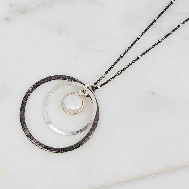 Silver Bezel Wrapped White Pearl Double Layered Textured Oxidized Necklace