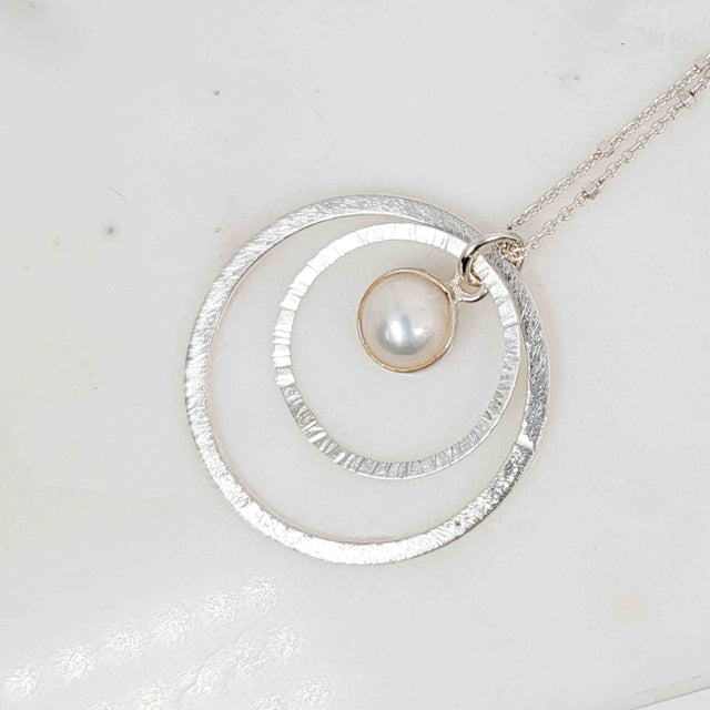 Silver Bezel Wrapped White Pearl Double Layered Textured Necklace