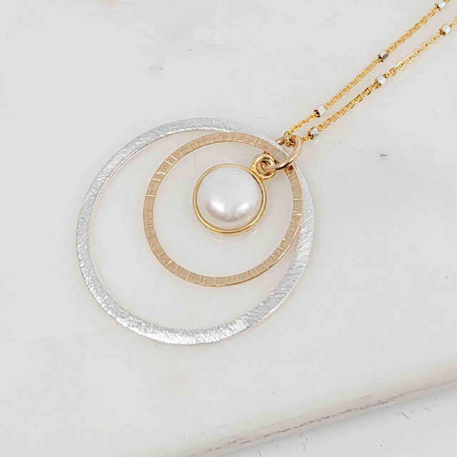 Gold Bezel Wrapped White Pearl Double Layered Textured Necklace