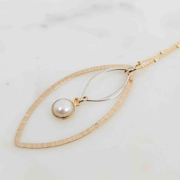 Gold Bezel Wrapped White Pearl Double Layered Open Petal Necklace