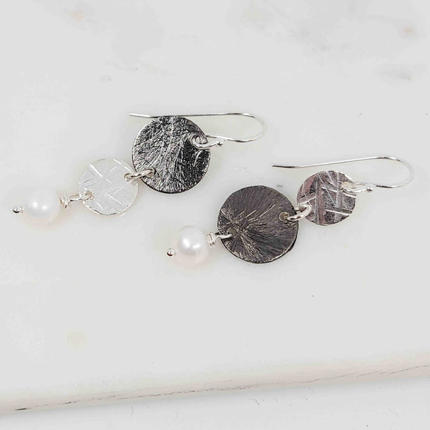 White Pearl Asymmetrical Oxidized Double Disc Dangle Earrings