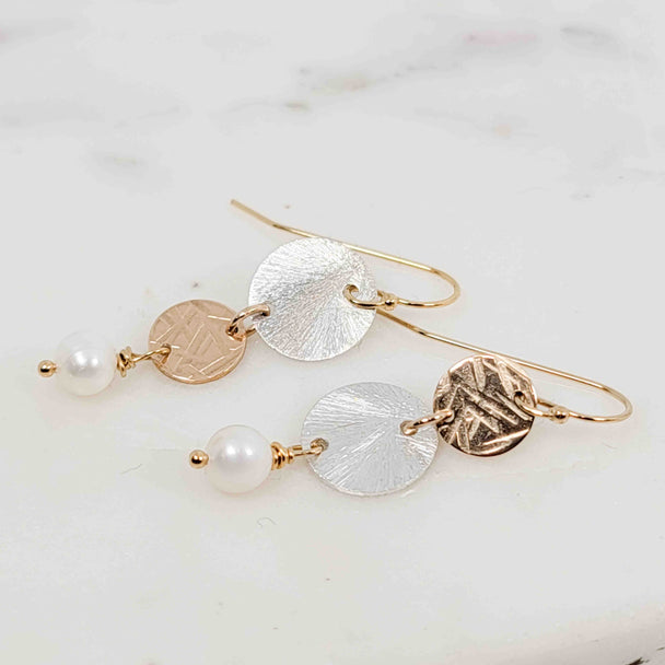 White Pearl Asymmetrical Mixed Metal Double Disc Dangle Earrings