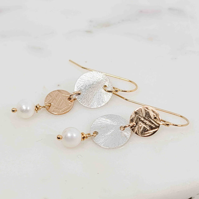 White Pearl Asymmetrical Double Disc Dangle Mixed Metal Earrings