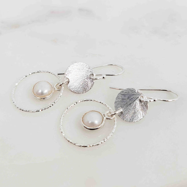 Silver Bezel White Pearl Disc Drop Halo Sparkle Earrings
