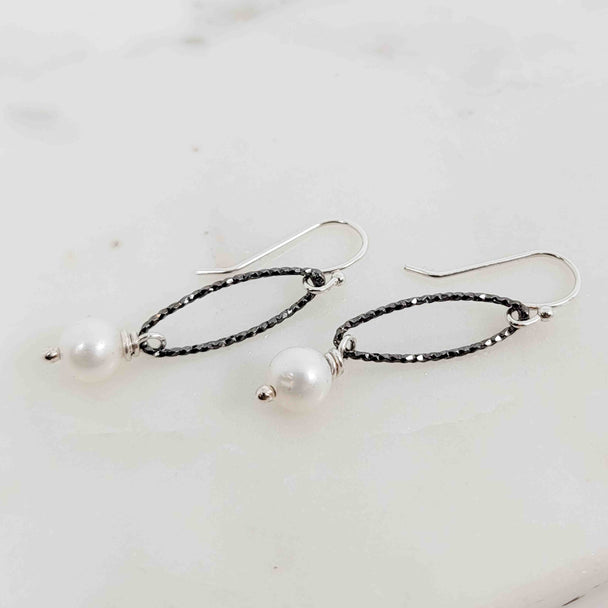 White Pearl Oxidized Oval Sparkle Earrings