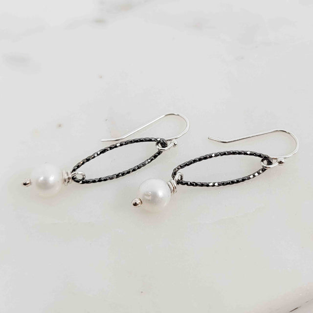 White Pearl Oval Sparkle Oxidized Earrings