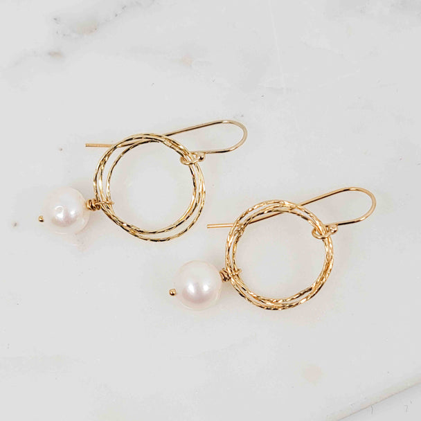 White Pearl Triple Sparkle Circle Drop Gold Fill Earrings