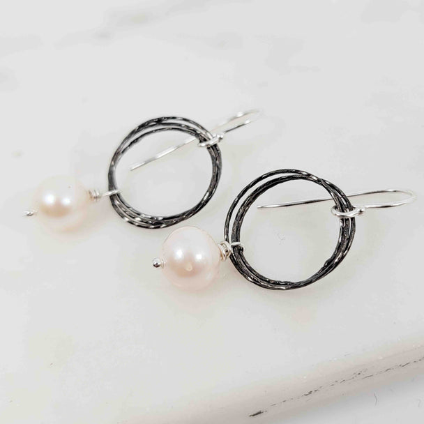 White Pearl Triple Sparkle Circle Drop Oxidized Earrings