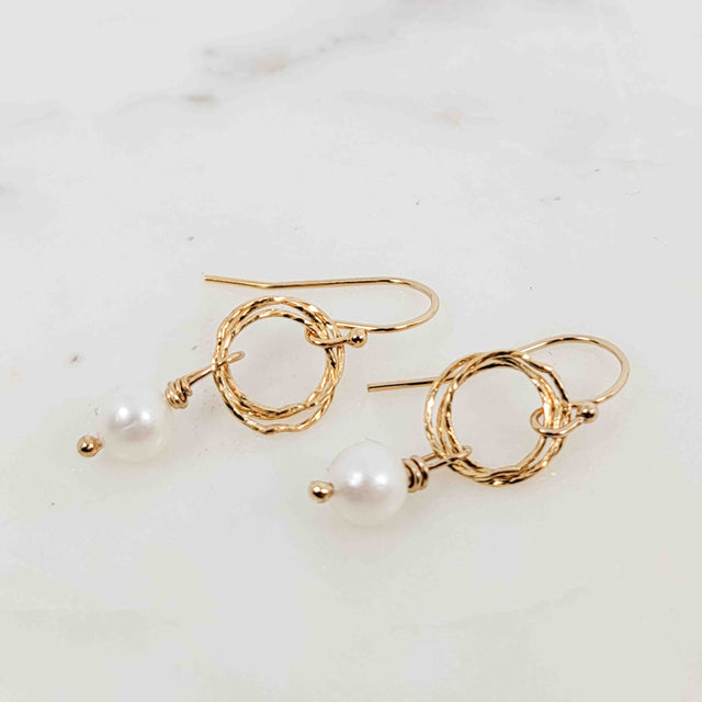 White Pearl Triple Sparkle Circle Drop Gold Fill Earrings