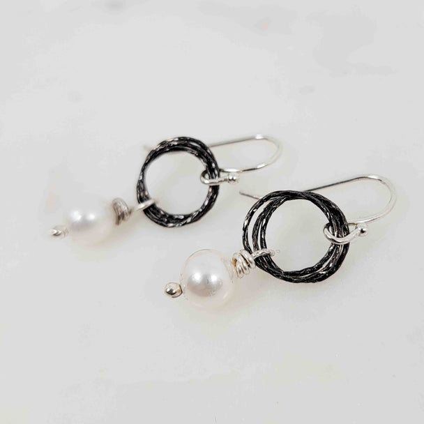 White Pearl Triple Sparkle Circle Drop Oxidized Earrings