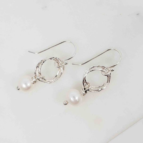 White Pearl Triple Sparkle Circle Drop Earrings