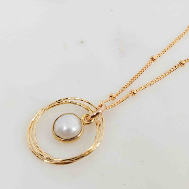 Gold Bezel Wrapped White Pearl Triple Circle Sparkle Necklace