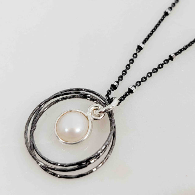 Silver Bezel Wrapped White Pearl Triple Circle Sparkle Oxidized Necklace