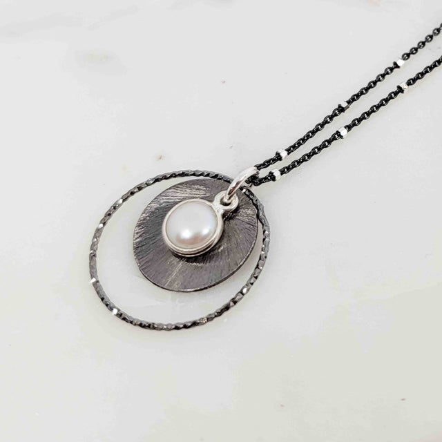 Silver Bezel Wrapped White Pearl Sparkle Halo Layered Disc Oxidized Necklace