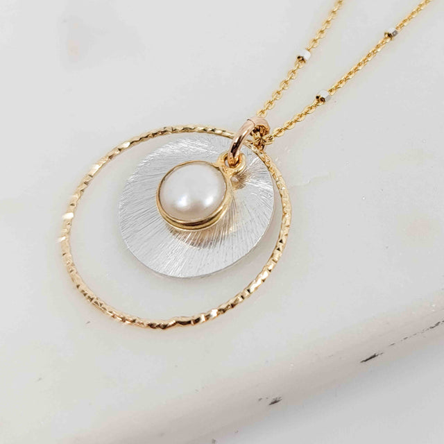 Gold Bezel Wrapped White Pearl Sparkle Halo Layered Disc Mixed Metal Necklace