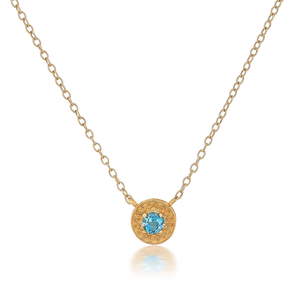 Blue Topaz Engraved Disc Necklace