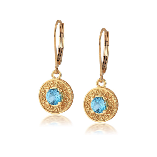 Blue Topaz Engraved Gold Disc Earrings
