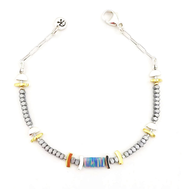 Opal and Matte Gray Hematine Bracelet