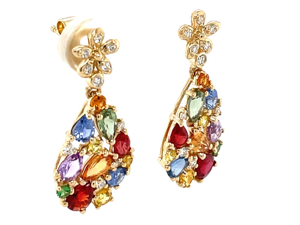 Multicolor Sapphire, Tsavorite and Diamond Pear Cluster Dangle Earrings