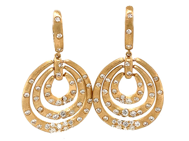 Diamond Rounds Flush Set Concentric Oval Dangle Earrings